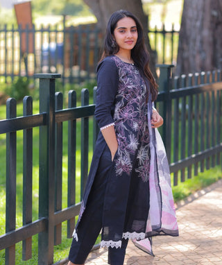 Midnight Onyx Embroidered Cotton 3 Piece Festive Set