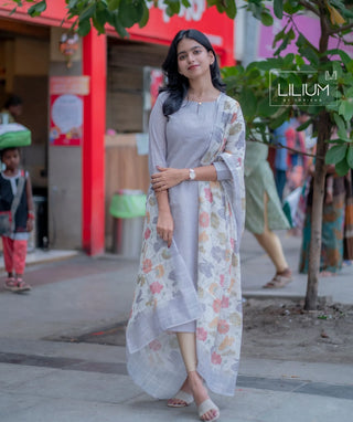 Grey & White Cotton Slub Kurti with Shawl – Casual Chic