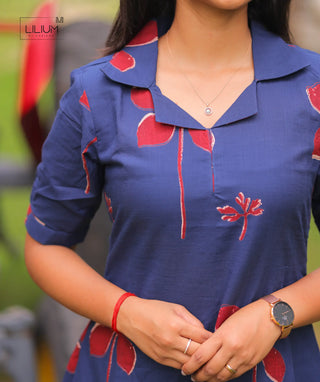Berry Indigo Cotton A-Line Kurti with Elbow Sleeves