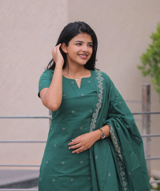 Emerald Sage Cotton Handloom 3-Piece Set with Pockets