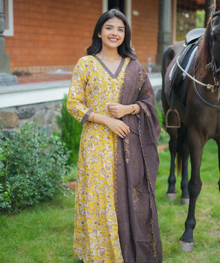 Elegant Yellow Muslin Silk 3-Piece Set with Embroidery