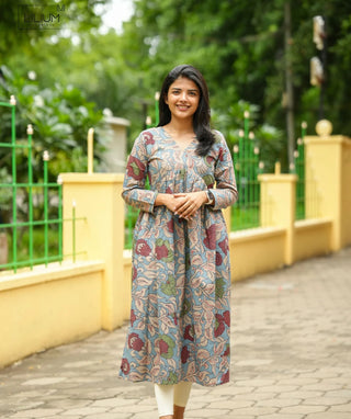 Cotton Kalamkari Kurti - Dusty Blue | Casual Wear