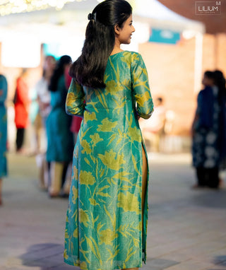 Pine Green Shimmer Tissue Kurti – Elegant Lined Casual Wear