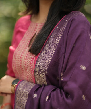 Fuchsia Grace Muslin Silk 3-Piece Set With Open Slit