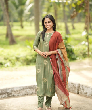 Sacred Olive Muslin Silk 3-Piece Set with Pockets