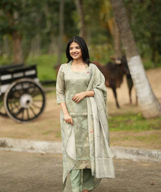 Sage Green Tissue Silk 3-Piece Set – Festive Elegance