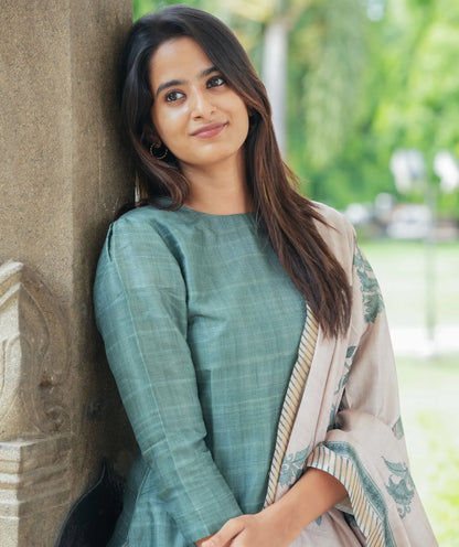 Sage Green Tussar Kurti with Shawl - Traditional Attire