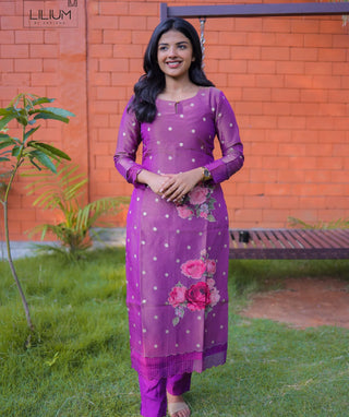 Purple 3-Piece Tissue Silk Festive Set with Embroidery