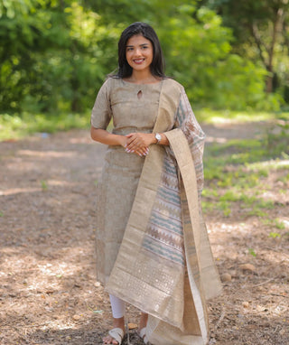 Mushroom Mist Chanderi Kurti with Shawl for Women
