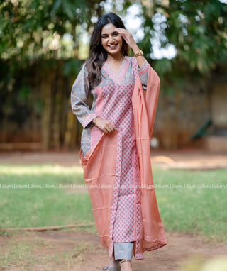 Elegant Peach and Grey Chanderi 3-Piece Set with Lining | LL17