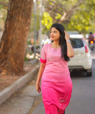 Flamingo Petal Mist Chanderi Kurti with Hand Embroidery