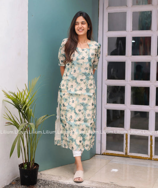 Pastel Green Tussar Kurti with Cream Blossom – Casual Wear