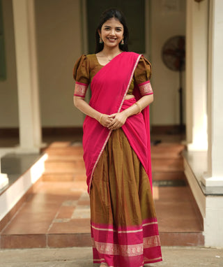Olive Brown Handloom Half Saree with Rani Pink Dupatta