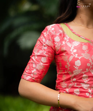 Peach Blossom Banaras Kurti With Open Slit Elbow Sleeve