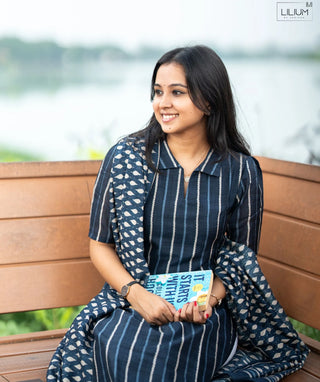 Indigo Blue Striped Kurti with Shawl in Raw Silk Fabric