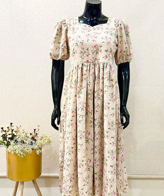 Cream with pink blossom Print Midi Dress