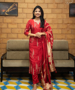 Bold Red Muslin 3 Piece Set with Zari Embroidery