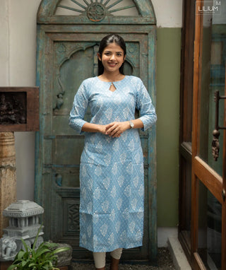 Sky Bloom Blue Cotton Kurti with 3/4 Sleeves – Casual Wear