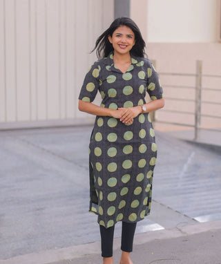 Sage Noir Mosaic Cotton Kurti – Casual Elbow Sleeve
