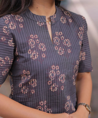 Mauve Slate Bloom Cotton Kurti with Elbow Sleeves