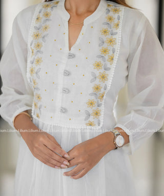 Elegant Halfwhite A-Line Kurti with Embroidery Blossom