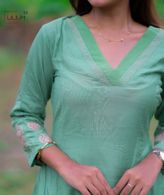 Leaf Green Embroidered Kurti with Bottom – Festive Wear