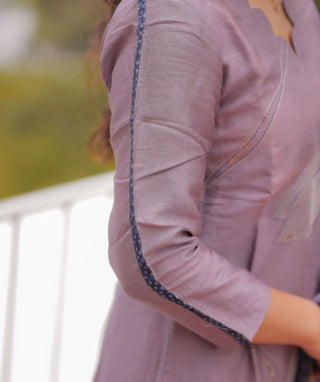Smoky Mauve Hand Embroidered Slub Muslin 3 Piece Set