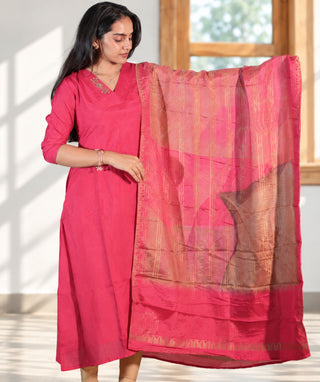 Raspberry Rose Blush Hand Embroidered A-Line Kurti with Shawl