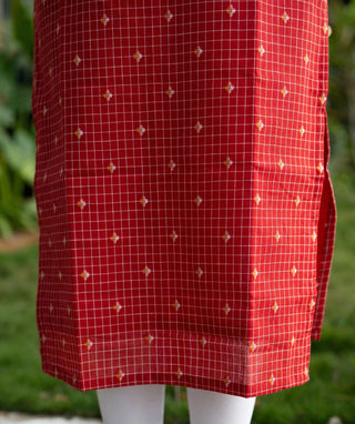 Crimson Check Cotton Kurti with Elbow Sleeves – Everyday Comfort