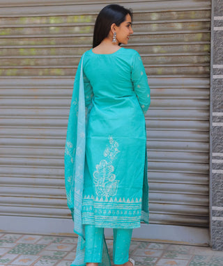 Teal Mist Cotton 3 Piece Kurti Set with Pockets Trend