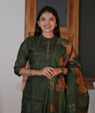 Enchanted Moss Green Hand Embroidered Kurti with Shawl