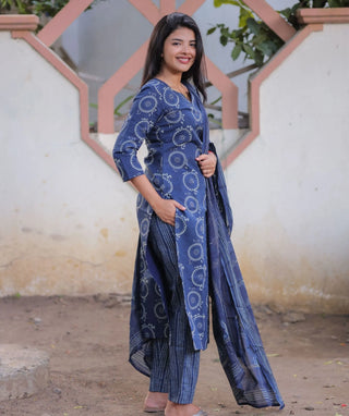 Midnight Indigo Cotton 3-Piece Set with 3/4 Sleeves