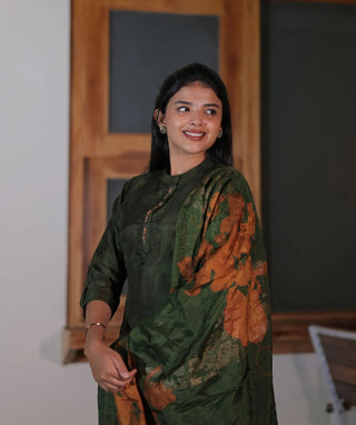 Enchanted Moss Green Hand Embroidered Kurti with Shawl