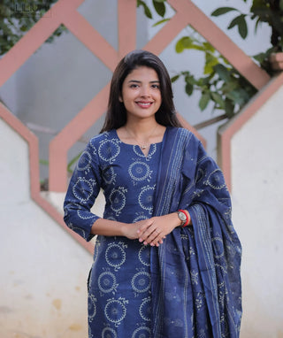 Midnight Indigo Cotton 3-Piece Set with 3/4 Sleeves