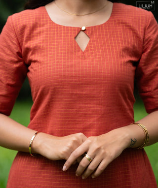 Burnt Saffron Zari Checked Handloom Cotton Co-ord Set