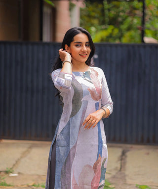 Tinted White Kurti with Multicolor Abstract Print