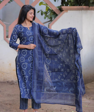 Midnight Indigo Cotton 3-Piece Set with 3/4 Sleeves