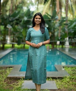 Lagoon Teal Banaras Silk Kurti – Elbow Sleeve Festive Top