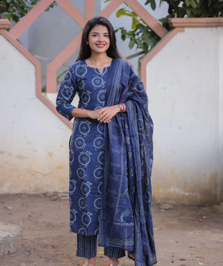 Midnight Indigo Cotton 3-Piece Set with 3/4 Sleeves