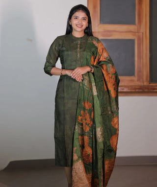 Enchanted Moss Green Hand Embroidered Kurti with Shawl
