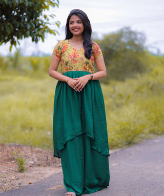 Festive Maxi Dress in Yellow Crepe Silk with Green Embroidery