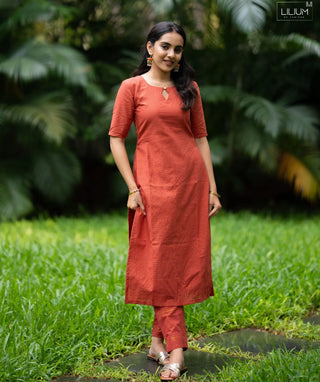 Burnt Saffron Zari Checked Handloom Cotton Co-ord Set