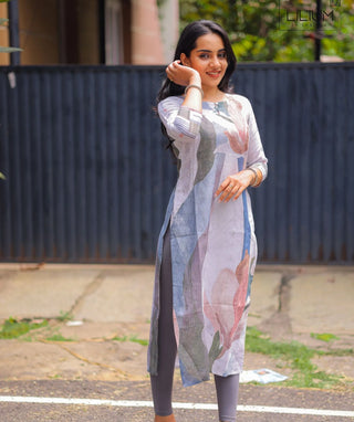 Tinted White Kurti with Multicolor Abstract Print