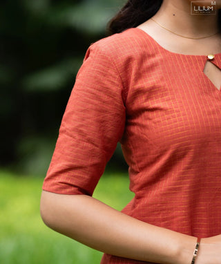 Burnt Saffron Zari Checked Handloom Cotton Co-ord Set