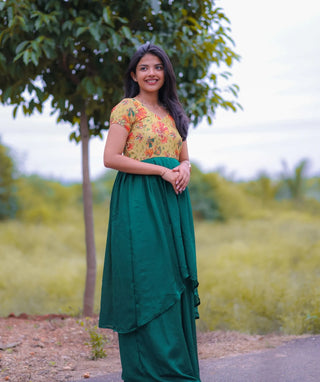 Festive Maxi Dress in Yellow Crepe Silk with Green Embroidery