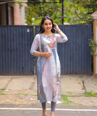 Tinted White Kurti with Multicolor Abstract Print