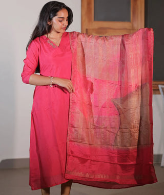 Raspberry Rose Blush Hand Embroidered Kurti with Shawl