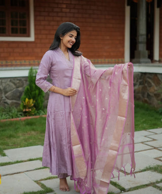 Lavender Semi-Rawsilk 3-Piece Festive Set - Anarkali