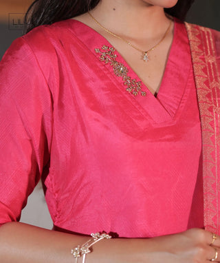 Raspberry Rose Blush Hand Embroidered Kurti with Shawl