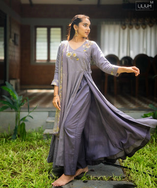 Ash Lavender Muslin Silk 3-Piece Set with Pockets